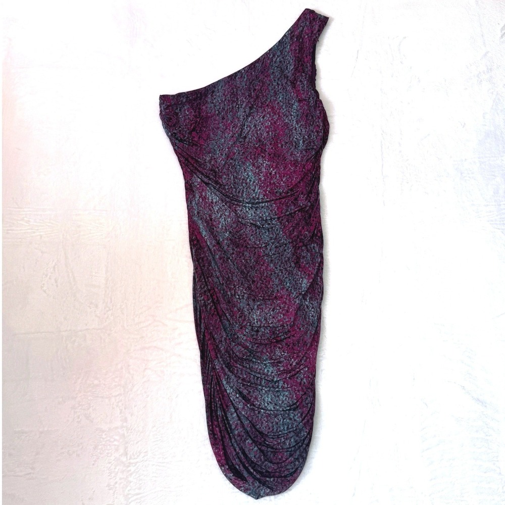 H&M Dress One Shoulder Ruched Medium Purple Womens Mini Bodycon Abstract Print